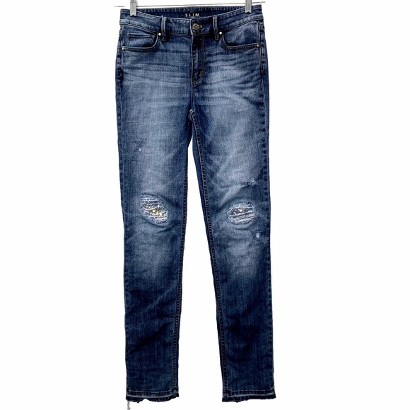 WHITE HOUSE BLACK MARKET THE SLIM 4 Rhinestone Knee Blue Denim Stretch Jeans Mid - Picture 2 of 11